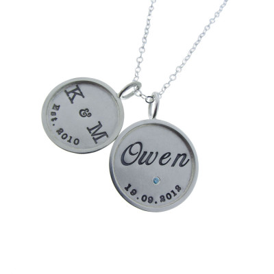Personalized Silver Charm Necklace Hand Stamped Sterling Round Commemorative Family Pendants Engraved Artisan Handmade Designer Mom Jewelry