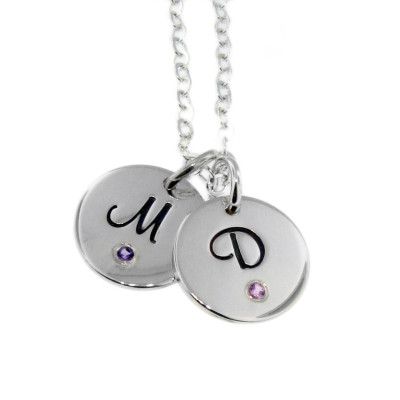 Personalized Silver Initial Birthstone Necklace Hand Stamped Sterling Double Family Charm Mommy Jewelry Custom Engraved Artisan Handmade