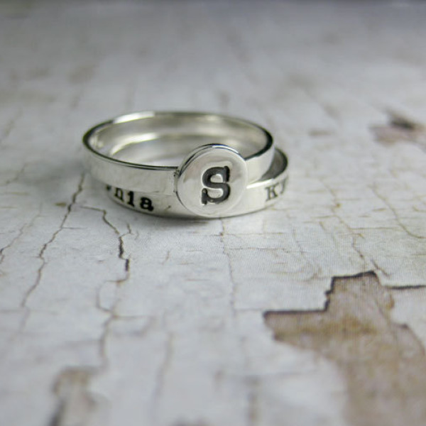 Personalized Silver Stacking Ring Set Hand Stamped Sterling Initials Names Button Ring Custom Mommy Jewelry Engraved Artisan Handmade Fine