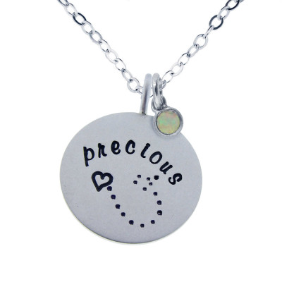 Personalized Sterling Silver Mommy Necklace with Genuine Handmade Birthstone Cabochon Charm Opal 3 - 4" 19mm