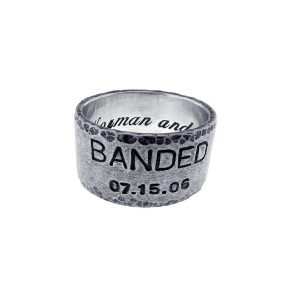Personalized Wide Band Wedding Ring Hand Stamped Wedding Date Name Vows Custom Sterling Silver Band Engraved Artisan Handmade Unisex Jewelry