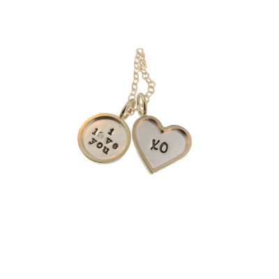 Personalized "i love you" Necklace Hand Stamped Phrase Custom Sterling Silver and Gold Rimmed Charms Engraved Artisan Handmade Jewelry