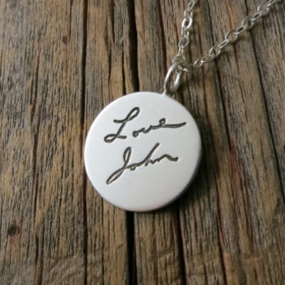 Remembrance Jewelry Engraved Signature Silver Charm Necklace Personalized Custom Jewelry Hand Stamped Handwriting Jewelry