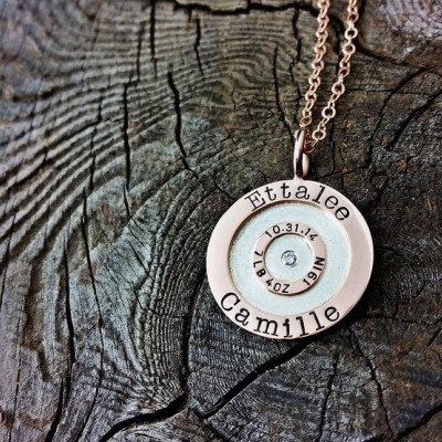 Shotgun Shell Pendant Necklace Mixed Metal Personalized Jewelry Hand Stamped Names Birth Stats Custom Engraved Hand Crafted Raised Bullseye