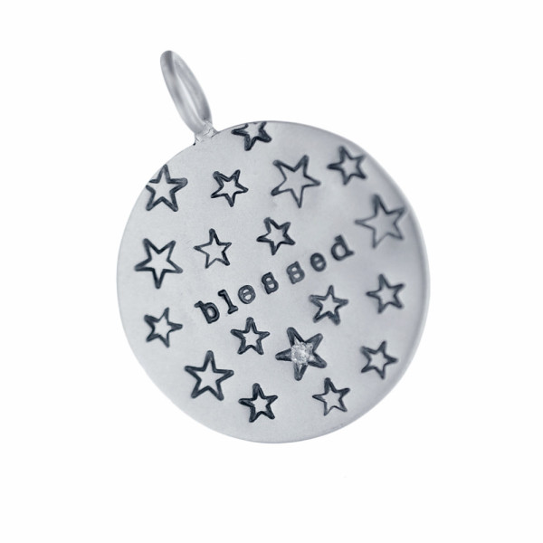 Silver Charm Hand Stamped with Blessed and Silver Stars with Diamond Accent Custom Sterling Round Pendant