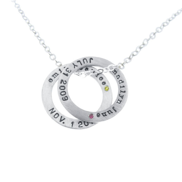 Silver Mommy Necklace Hand Stamped Sterling Washer Charms with Birthstones Mother of Twins Jewelry Personalized Silver Nameplate Washers