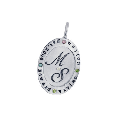 Silver Name Necklace Personalized Family Name and Initial Rimmed Oval Birthstone Pendant Custom Hand Stamped Engraved Handmade Mom Jewelry