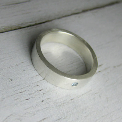 Silver Ring with 2mm Diamond - Custom Personalized Brushed Silver Band - 5mm x 2mm Birthstone Ring