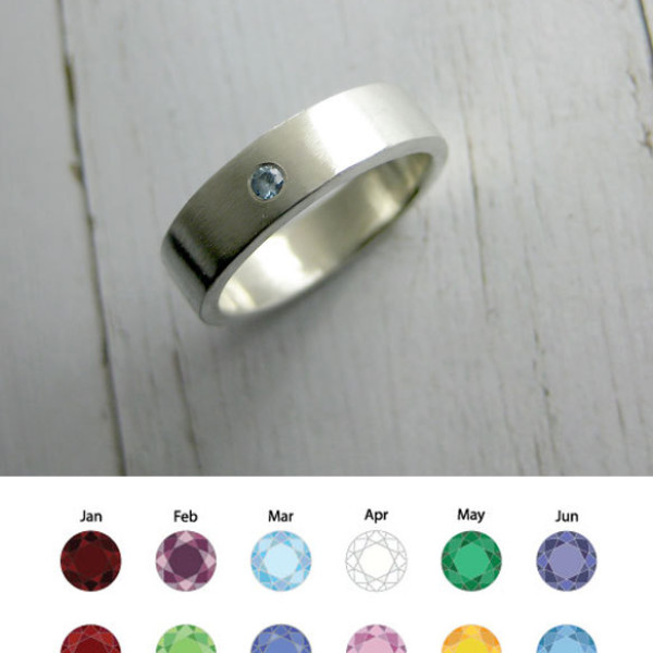 Silver Ring with 2mm Diamond - Custom Personalized Brushed Silver Band - 5mm x 2mm Birthstone Ring