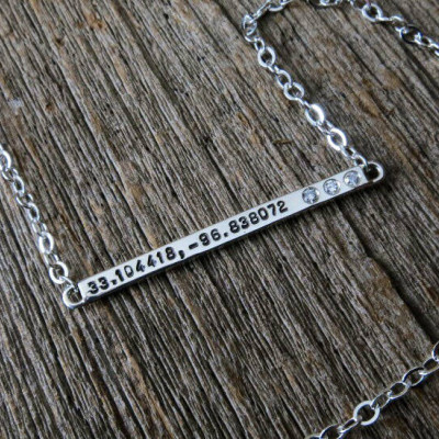 Skinny Silver or Solid Gold Nameplate Necklace Personalized with Diamonds and Hand Stamped Coordinates Custom Women's Jewelry MetalPressions