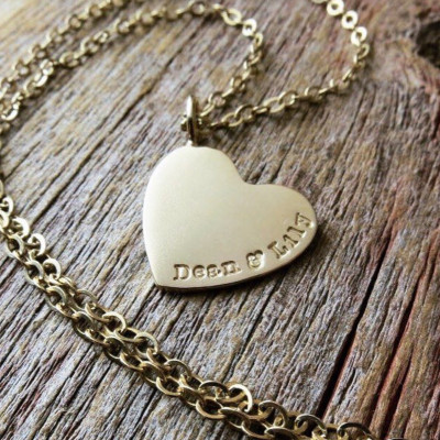 Solid Gold Heart Charm Necklace Personalized Women's Jewelry Hand Stamped Names Birth Dates Custom Engraved Artisan Hand Crafted Fine