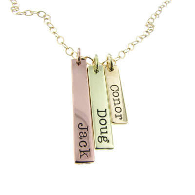 Solid Gold Bar Name ID Tag Necklace Custom Charms Mom Dad Jewelry Personalized Hand Stamped Engraved Artisan Fine Designer Fashion