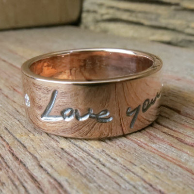 Solid Gold Diamond Handwriting Ring Custom Engraved Signature Personalized Band Jewelry Hand Stamped Message Artisan Handmade Unisex