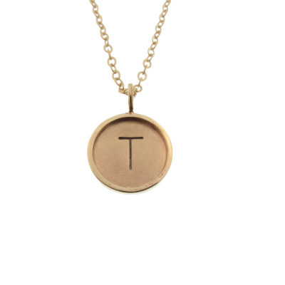 Solid Gold Initial Charm Necklace Hand Stamped Disc 5 - 8" Dime Size Pendant
