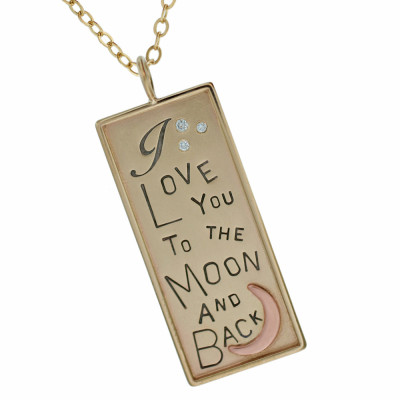 Solid Gold Jewelry Hand Stamped Mothers Day Rimmed Pendant with Diamonds I Love You to the Moon Personalized Gold Custom Engraved Charm