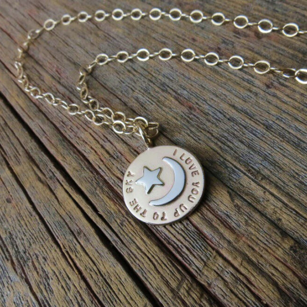 Solid Gold Mother's Charm Necklace Personalized Women's Jewelry Hand Stamped phrase Mommy Pendant Raised Moon & Star Accents Custom Fine