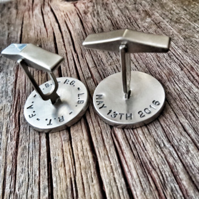 Solid Gold Rimmed Cuff Links Hand Stamped Initials Wedding Date Jewelry Custom Men's Anniversary Gift Personalized Engraved Artisan Handmade