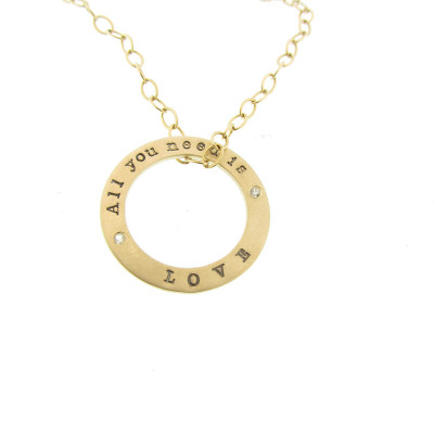 Solid Gold and Diamond Necklace Personalized Open Circle Diamond Washer Charm Custom Hand Stamped Engraved Handmade Designer Mom Jewelry