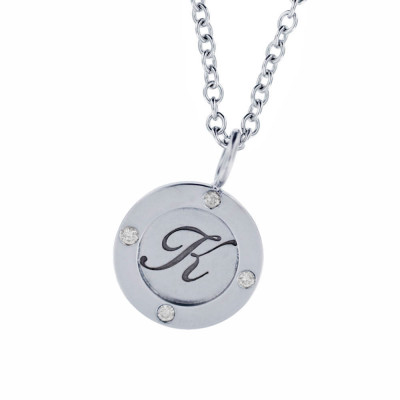 Solid Gold and Diamond Pendant Necklace White Gold Personalized Script Initial Charm Custom Hand Stamped Engraved Fine Designer Jewelry