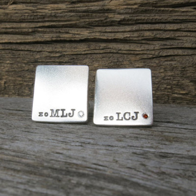 Stering Silver Diamond Cuff Links Hand Stamped Initials Names Monogram Date Custom Personalized Men's Jewelry Engraved Artisan Handmade Fine