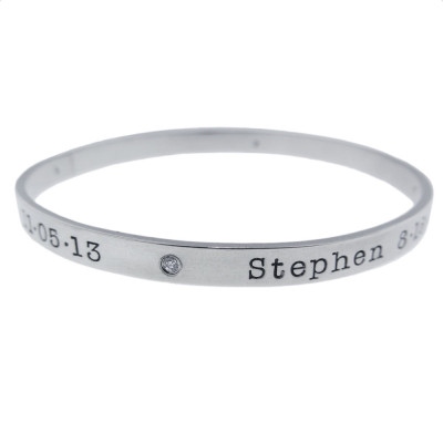 Sterling Silver Diamond Bangle Bracelet Personalized Women's Mommy Jewelry Hand Stamped Names Birth Dates Custom Engraved Artisan Handmade