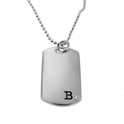 Sterling Silver Diamond Dog Tag Necklace Personalized New Dad Jewelry Initial Date Hand Stamped Engraved Artisan Handmade Designer Jewelry