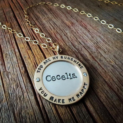 Wide Gold Framed Diamond Pendant Necklace Personalized Mixed Metal Women's Mommy Jewelry Hand Stamped Gold and Silver Names Custom Fine