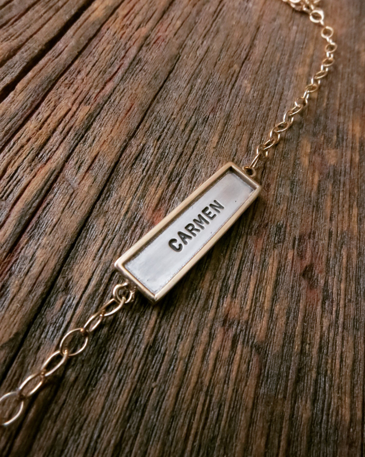 ID Tag Necklace Personalized Silver and Gold Skinny Nameplate Hand
