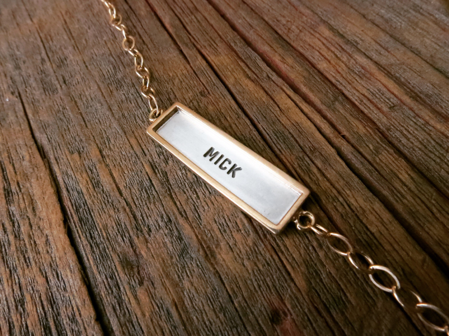 ID Tag Necklace Personalized Silver and Gold Skinny Nameplate Hand