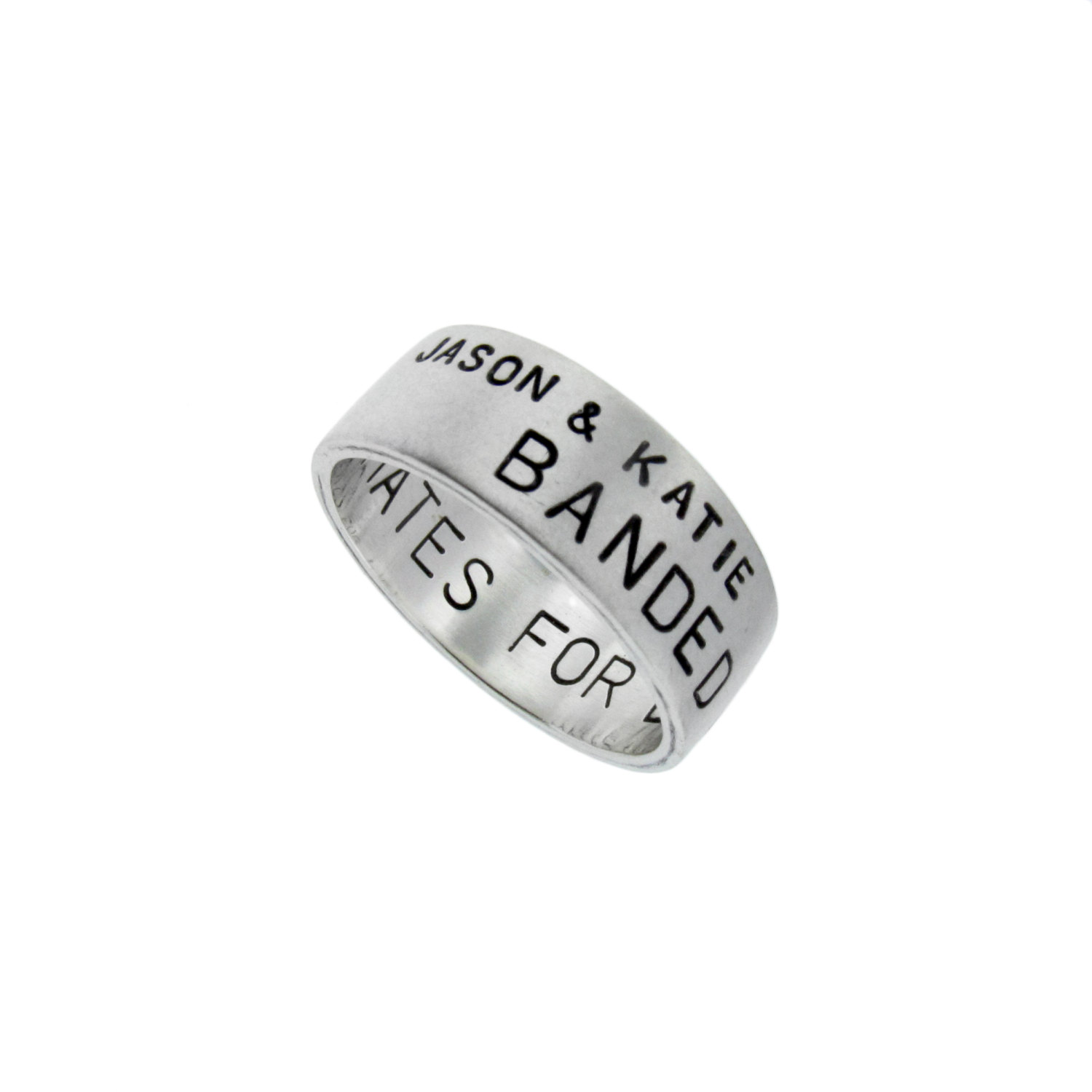 Mens Silver Wedding Band With Hand Stamped Names Date Vows Engraved