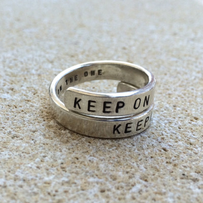 Trio Frisson - handstamped Silver Lyric Ring 'Keep On Keepin' On' Sterling Silver - Adjustable