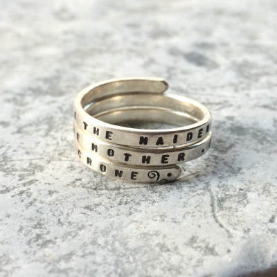Wild Woman Hand stamped Silver Quote Ring 'Dance like the Maiden - Love like the Mother - Think like the Crone' Triple Goddess Ring.