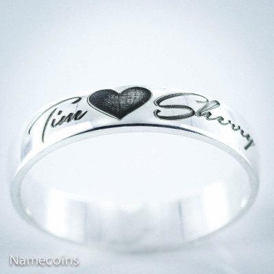 Custom Couples Silver Name Ring - 2 names with a heart - Engraved - wedding - anniversary - or relationship gift