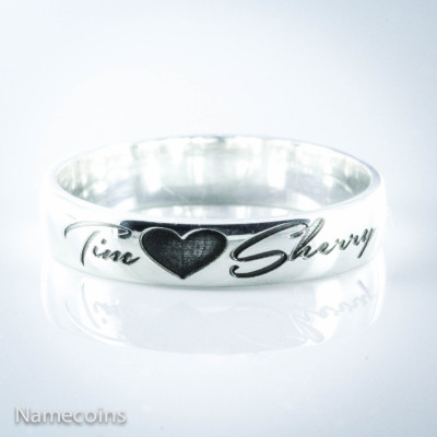 Custom Couples Silver Name Ring - 2 names with a heart - Engraved - wedding - anniversary - or relationship gift
