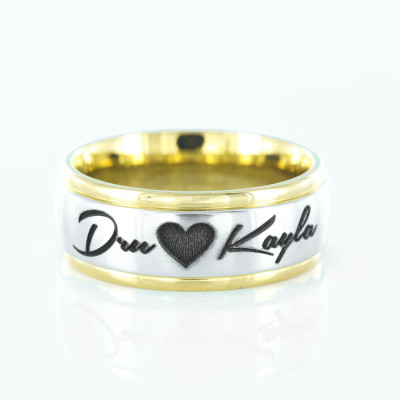 Custom Names and Heart Ring - Gold Colored edges - wedding - anniversary - or relationship gift. 7mm Ring