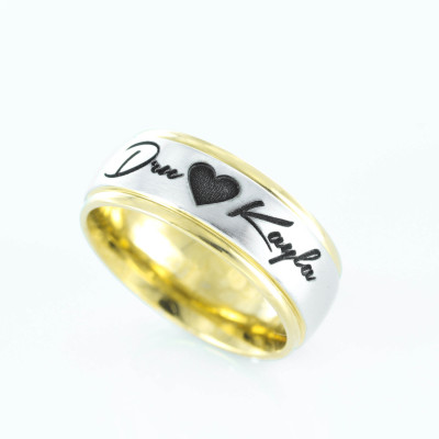 Custom Names and Heart Ring - Gold Colored edges - wedding - anniversary - or relationship gift. 7mm Ring