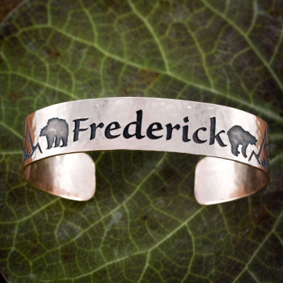 Hammered Copper Cuff With Name - Bear - and Mountain engraved - Bracelet Cuff