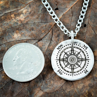 Silver Compass Initial necklace - Your personal initial etched in the middle