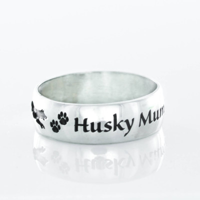 Silver Wolf Name Ring - Wolf Paw Prints - Running wolves with custom name - Personalized engraving