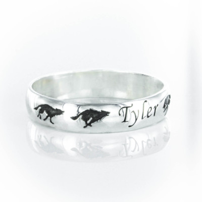 Silver Wolf Name ring - Running wolves with custom name - Personalized engraved 5mm ring