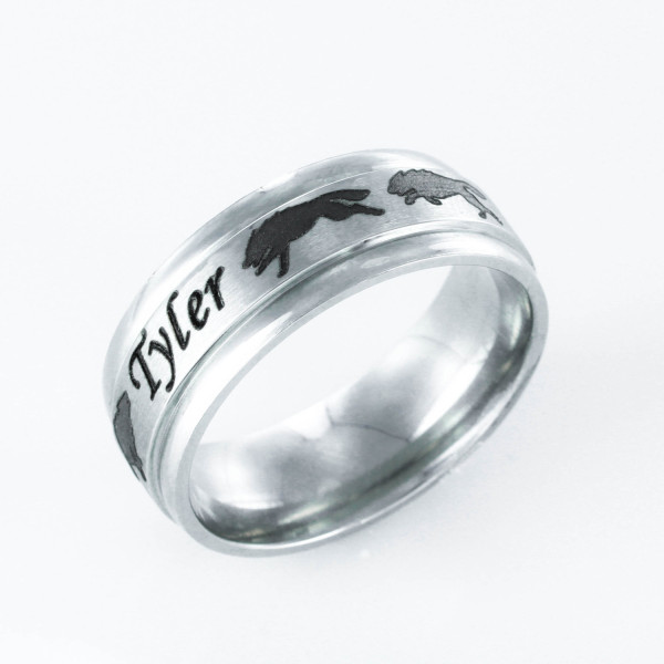 Wolf Pack Name ring - Running wolves with custom name engraved Personalized comfort fit 7mm ring