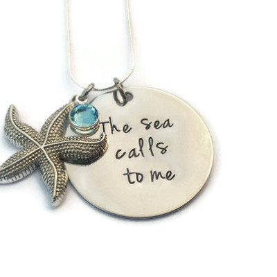 Beach necklace - The sea calls to me hand stamped necklace - gift for beach lover - holiday vacation necklace - starfish necklace