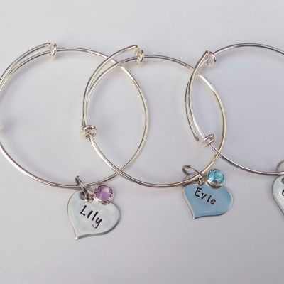 Hand Stamped childrens Personalized adjustable charm bangle bracelet with name and birthstone charm flower girl present