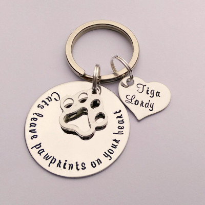 Personalized cat keyring - Personalized cat keychain - cats leave pawprints on your heart - pet loss memorial - gift present for cat lover