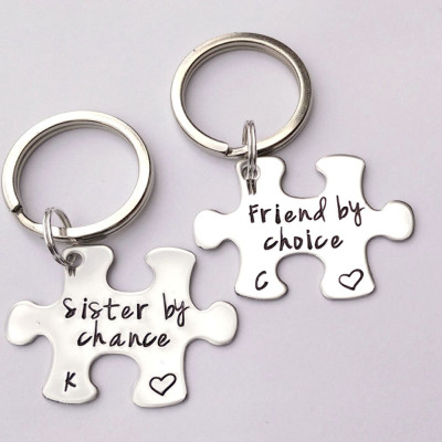 Personalized gift for sister - Sister by chance friend by choice - personalized sister ring - big sister little sister gift - puzzle keyring