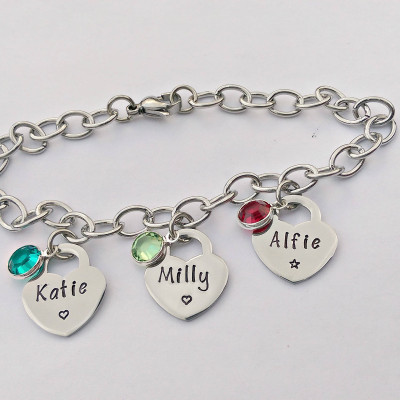 Personalized heart Charm Bracelet - personalized heart charm bracelet - birthstone charm bracelet - name charms - mum mom nanny present gift