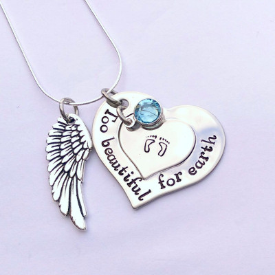 Personalized memorial gift - Too beautiful for earth - memorial jewellery - angel wing gift - baby memorial gift - bereavement jewellery