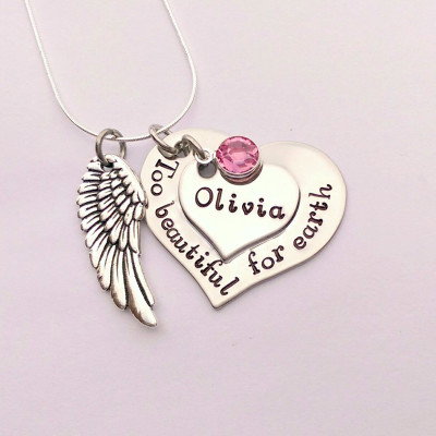 Personalized memorial necklace - Too beautiful for earth - angel wing necklace - remembrance necklace - bereavement gift - in memory necklace