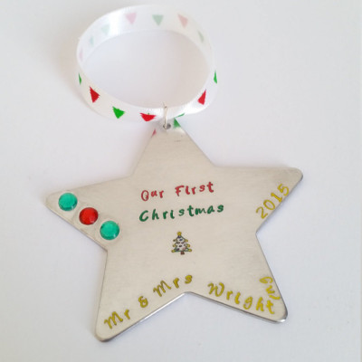 Christmas Star - first Christmas - own text - present for new home hand stamped Xmas - handmade - tree decoration - santa - Personalized