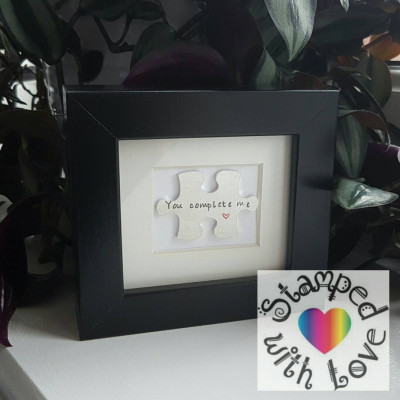 Inspirational Frame 'You complete me' - can be Personalized with any word - phrase you want - autism - puzzle - awareness - handmade - hand stamped